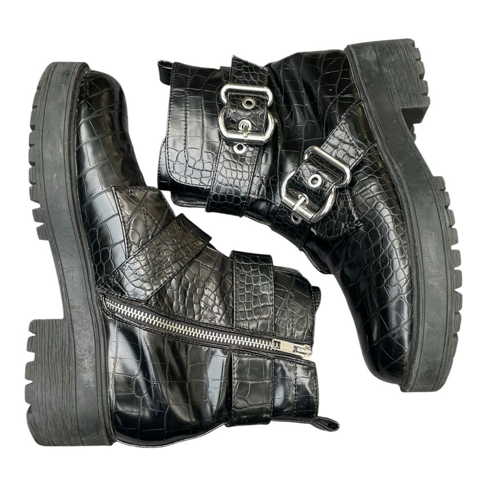 Chunky Moto Goth Punk Rock Aldo Black Patent Mock Croc Combat Boots Size 8.5 - Picture 6 of 16